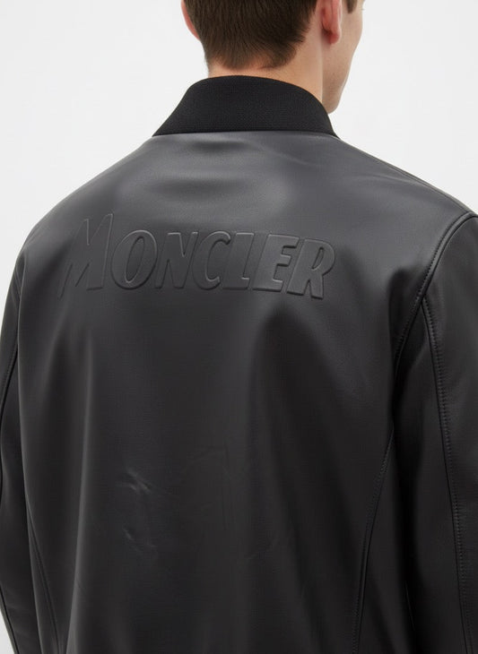 Moncler Black Leather Bomber Jacket with Embossed Back Logo